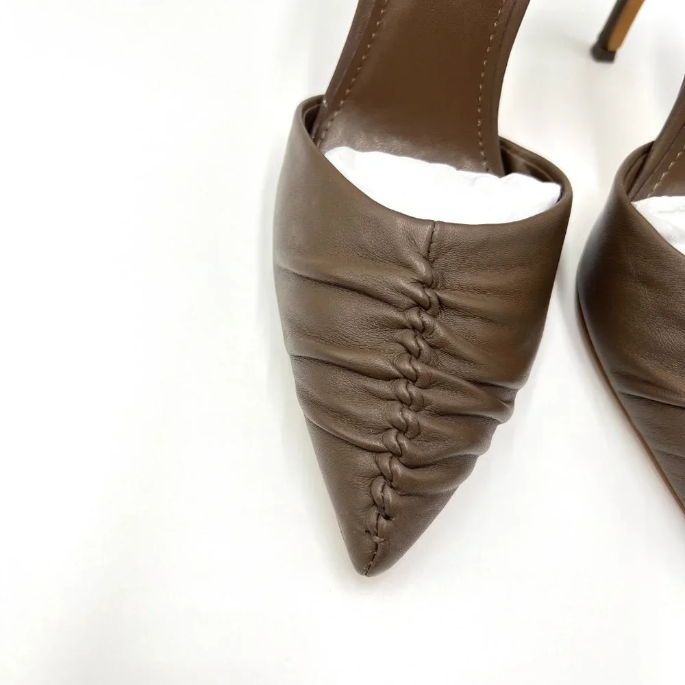 DKNY‎ Size 6 Ruched Nappa Brown Leather Stiletto Point Toe Heels Pumps Shoes